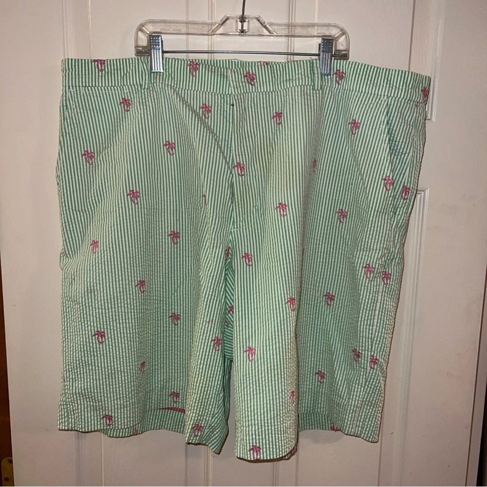 Lilly Pulitzer Striped Green and Pink Palm Trees Men Shorts 42 seersucker